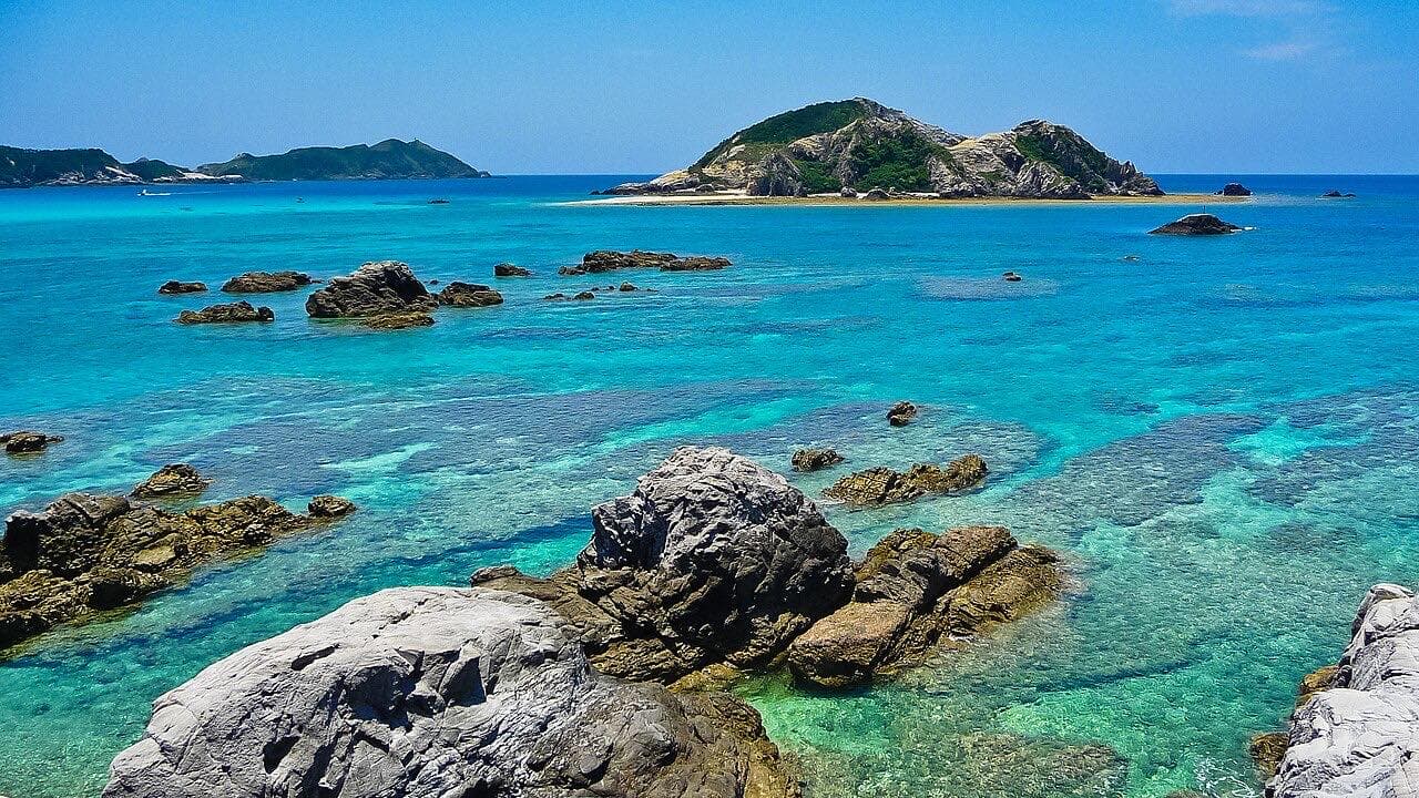 Turquoise coastal water and islands in the Kerama Islands, Okinawa.